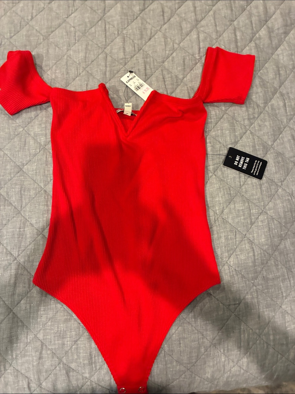 Express Bright Red Ribbed Off-Shoulder Kids One-Piece Bodysuit